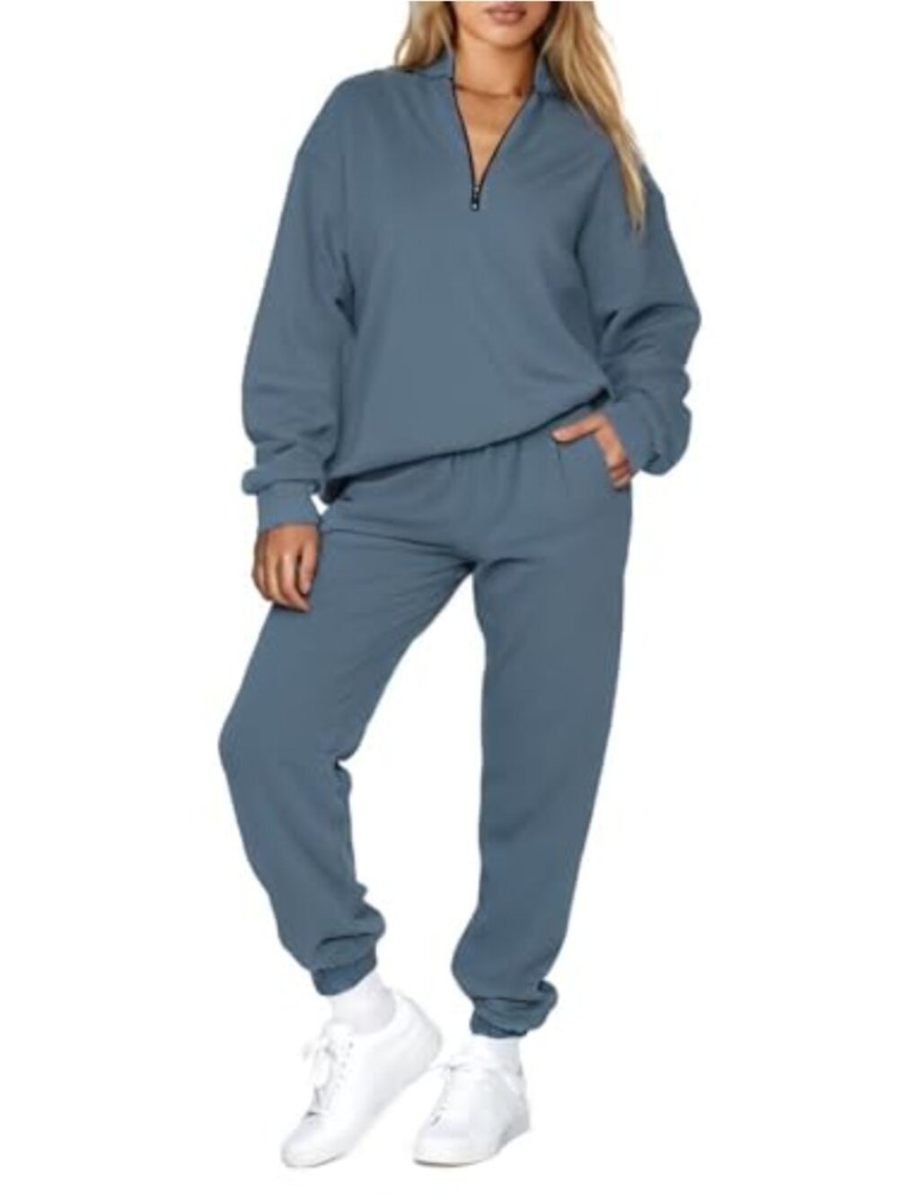 Women 2 Piece Sweatsuit Cotton Oversized Quarter Zip Hoodie & Jogger Set with
